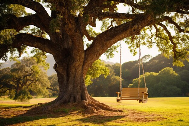 Photo oak tree with a tire swing hanging from one of its branches