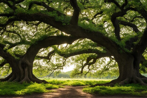 Oak tree with a wooden archway framing it