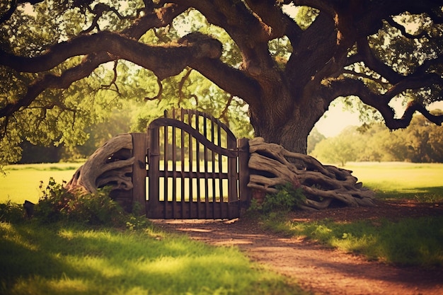 Foto albero di quercia con un cancello di legno che conduce in un parco