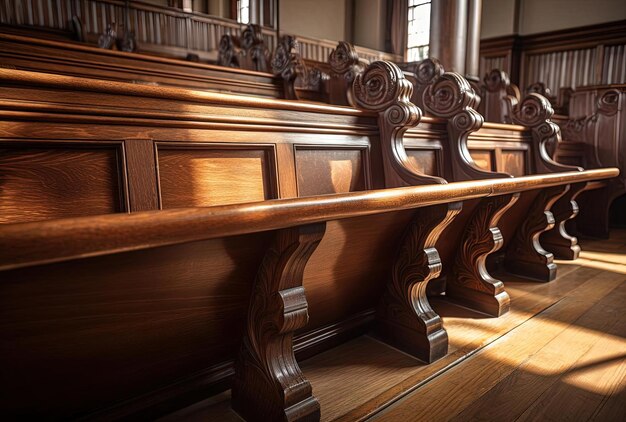 Photo oak wood pews in the style of light and shadow contrasts