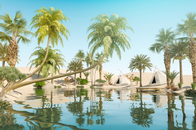 Oase en palmbomen in woestijn en reizigerskampen, 3d-rendering