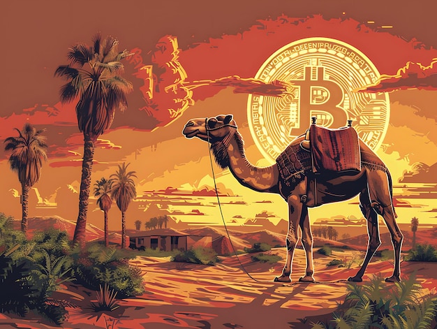 Foto oase in de woestijn met bitcoin zandkunst bitcoin kameel karavaan mir foto van trending poster achtergrond