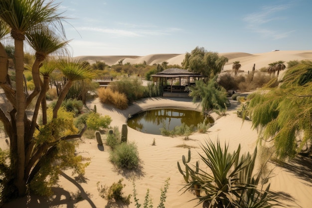 Foto oase in het midden van een woestijn omgeven door zandduinen en cactussen gecreëerd met generatieve ai