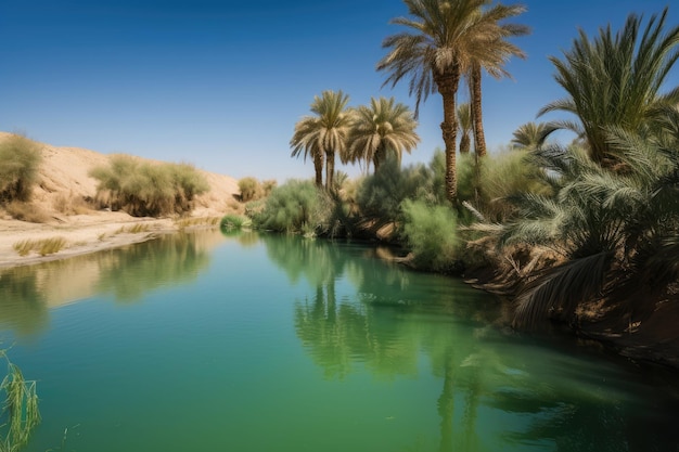 Foto oase met palmbomen en helderblauw water omringd door woestijnlandschap gecreëerd met generatieve ai