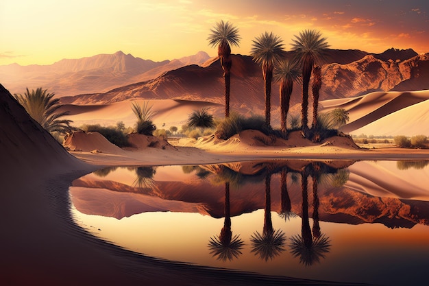 Oase met zand en palmbomen tegen de achtergrond van bergkam en zonsondergang over meer in woestijn