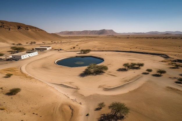 Oase omringd door vlak, droog en dor woestijnlandschap gecreëerd met generatieve AI