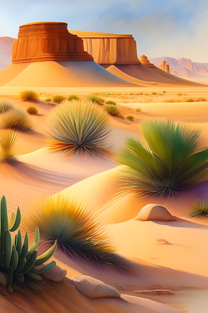 사막의 오아시스 모래 언덕 바위 절벽 선인장 건조한 풍경 수채화