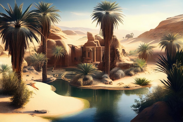 Oasis in the desert with palm tree and waterfall surrounded by sand dunes created with generative ai