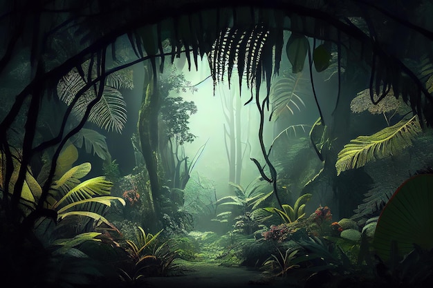 Oasis foggy dark forest natural forest landscape 3d illustration Generative Ai