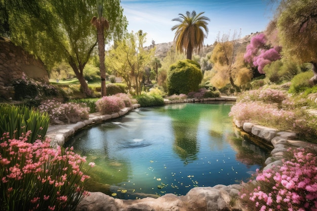 Oasis with beautiful spring surrounded by blooming flowers created with generative ai