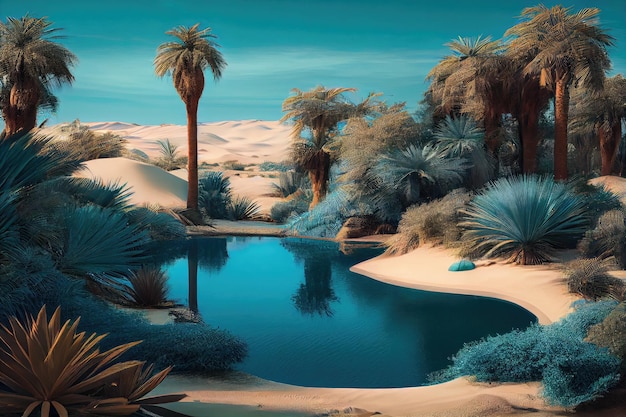 Oasis with blue pool and palm trees surrounded by dunes