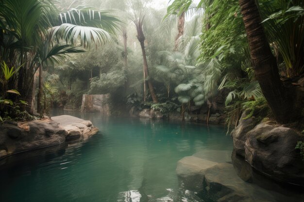 Oasis with clear pool and misty grotto surrounded by palm trees created with generative ai