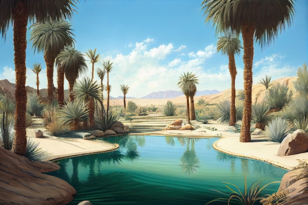 Oasis with crystalclear pool and palm trees surrounded by desert landscape