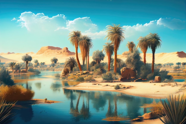 Oasis with palm trees and blue skies surrounded by endless desert created with generative ai