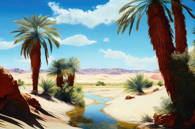 Oasis with palm trees and clear blue skies in the desert created with generative ai