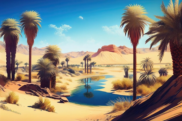Оазис с пальмами и чистым голубым небом, окруженный бесконечной пустыней, созданный с помощью генеративного ИИ