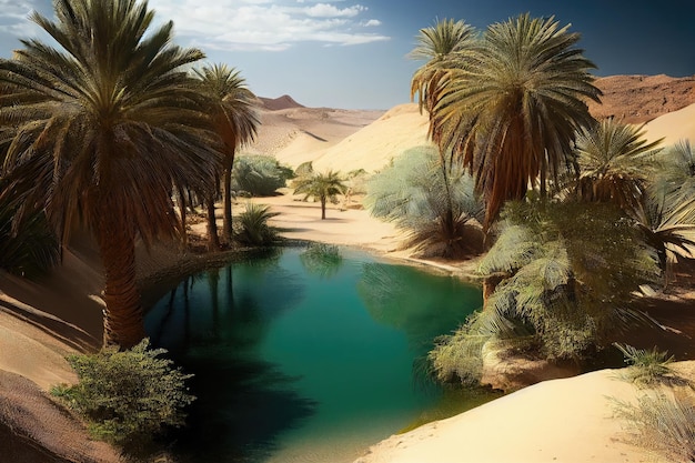 Oasis with palm trees and clear blue water in the desert