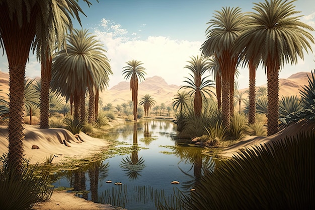 Oasis with palm trees and a pond in the desert hot Generative AI AIG15