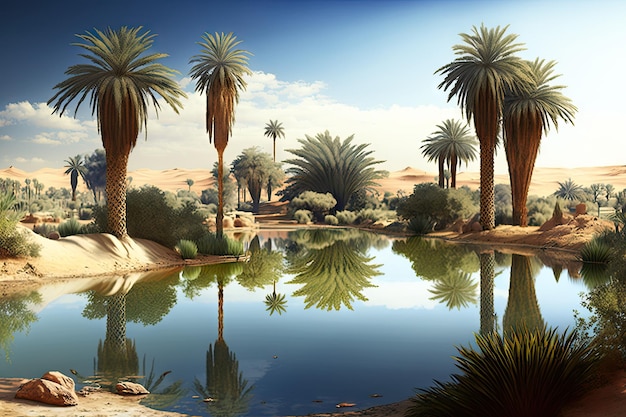 Oasis with palm trees and a pond in the desert hot Generative AI AIG15