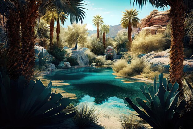 Photo oasis with pool of crystal clear water and lush foliage in the background created with generative ai