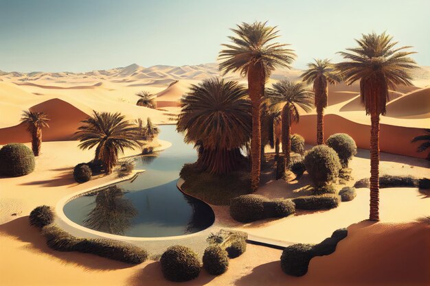 Oasis with pool and palm trees surrounded by sand dunes