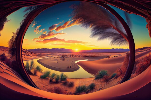 Photo oasis with view of distant sand dunes and colorful sunset sky created with generative ai