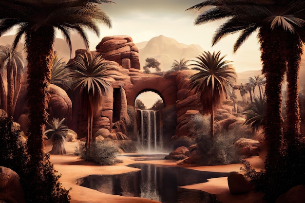 Oasis with waterfall and palm trees surrounded by desert