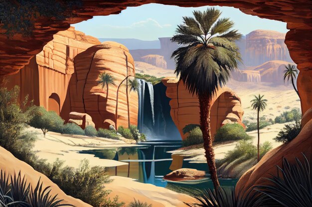 Foto oasi con cascata circondata da un paesaggio desertico creato con l'ia generativa