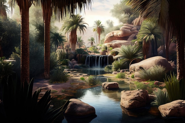 Oasis with waterfall surrounded by greenery and palm trees