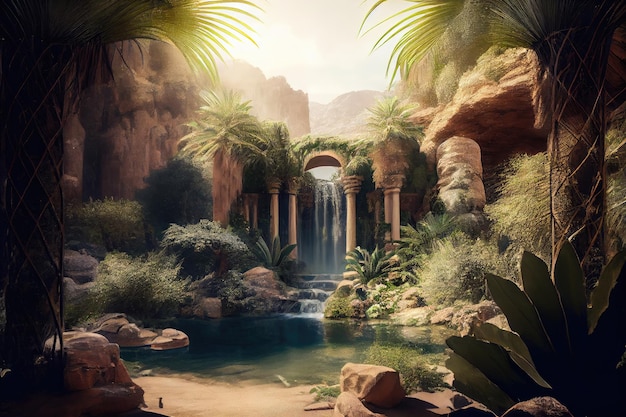 Oasis with waterfall surrounded by lush greenery created with generative ai