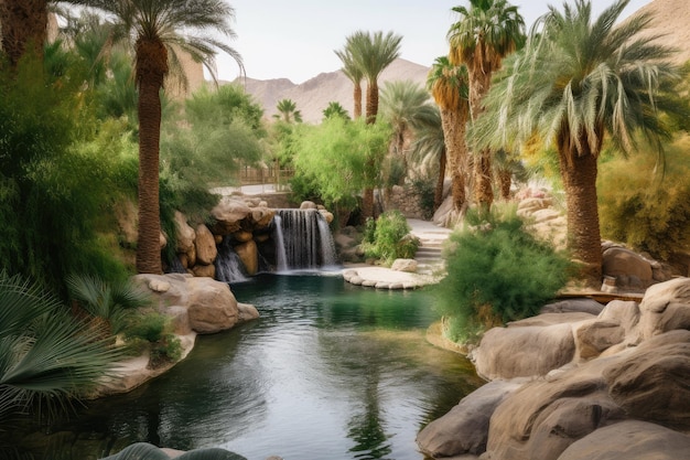 Oasis with waterfall surrounded by lush greenery and desert created with generative ai