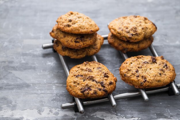 Oat cookies with chocolate on ceramic