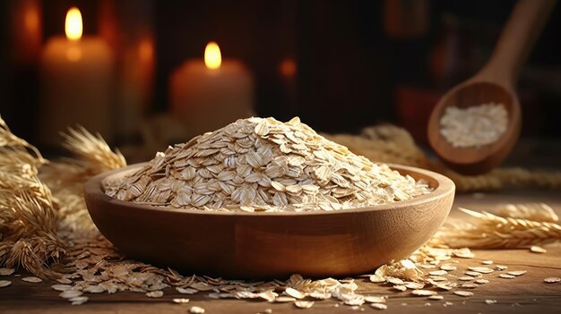 oat flakes in wooden bowl or dry rolled oatmeal