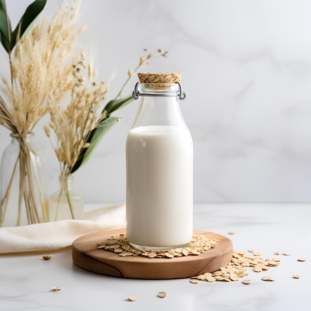 Oat milk in bottle closeup Healthy foodGenerated AI