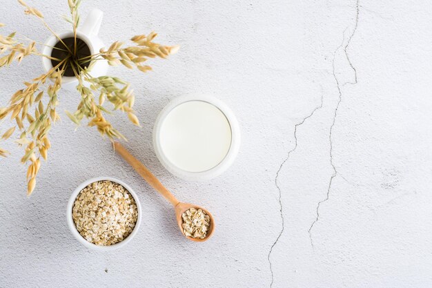 Oat milk in a glass oatmeal in a bowl and ears in a jug on a light table Alternative plant food Top view Copy space