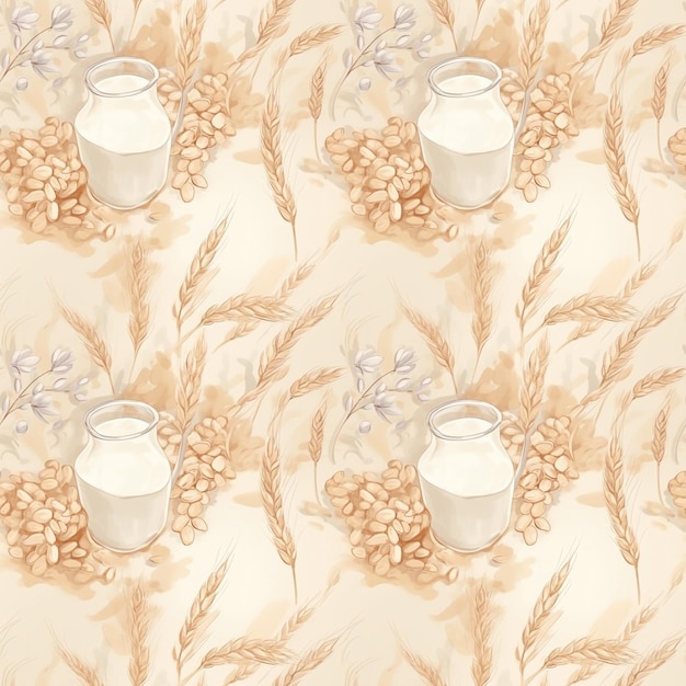 Foto acquerello di latte d'avena modello senza cuciture su uno sfondo beige delicato ia generativa