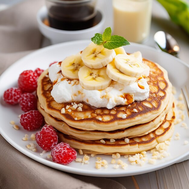 Oat pancake with banana cottage cheese and jam