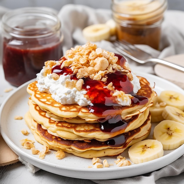 Oat Pancake with Banana Cottage Cheese and Jam