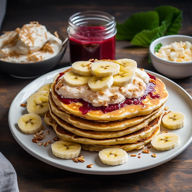 Oat Pancake with Banana Cottage Cheese and Jam