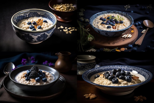 Oat Porridge Oatmeal with Fruits and Berries Oat Flakes Porrige on Dark Background Abstract Generative AI Illustration