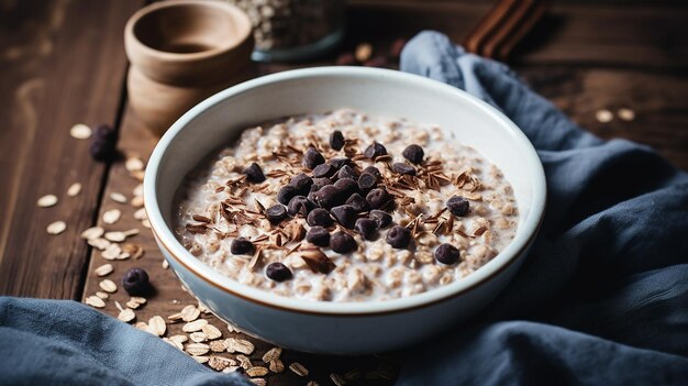 Photo oat porridge with a drizzle of dark chocolate