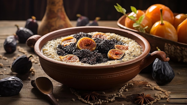 Oat Porridge with Poppy Seeds and Prunes in a Bowl