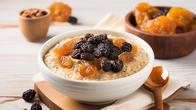 Foto porridge d'avena con semi di papavero e prugne in una ciotola