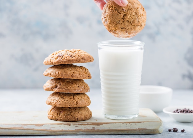 Oat vegan cookies with almond milk. Delicious chocolate diet treats for vegans, made from natural ingredients.