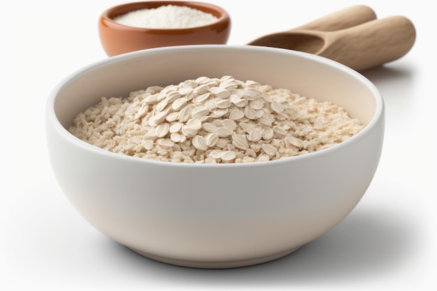 Oatmeal bowl with essence in the foreground and a white background