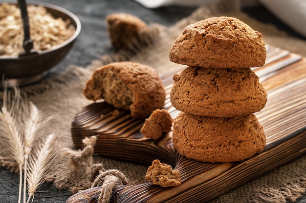 Oatmeal cookies closeup, morning breakfast