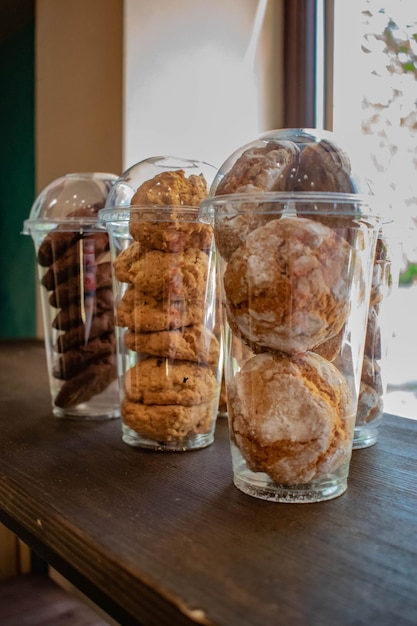 Oatmeal cookies in a plastic box for sale The concept of selling healthy food