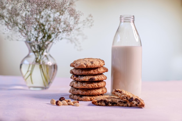 Oatmeal cookies with hazelnuts and chocolate chips on the table