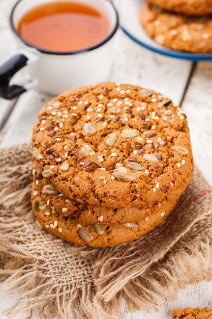 Oatmeal cookies with sesame seeds and pumpkin seeds for tea