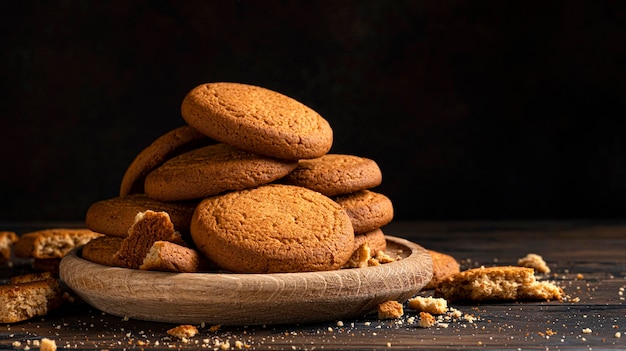 Oatmeal cookies on wooden table with copy space